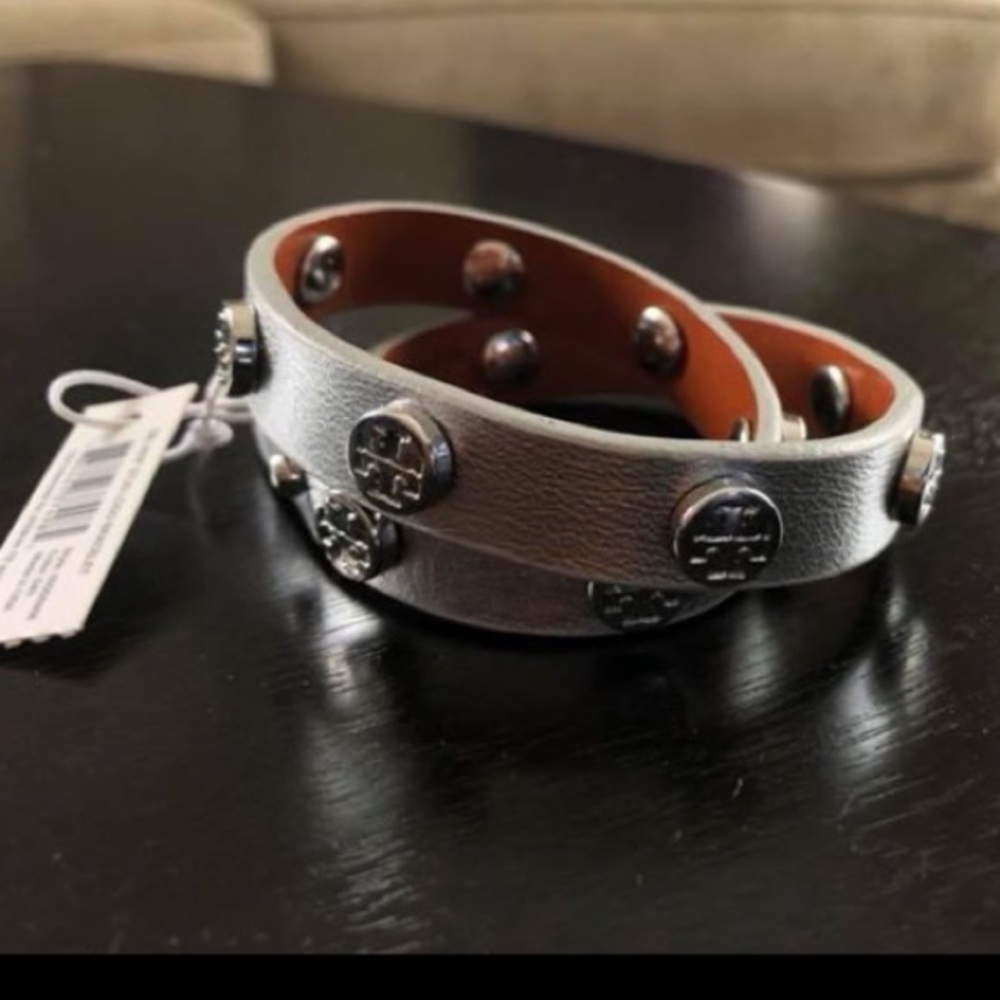 Tory Burch leather logo stud double wrap bracelet